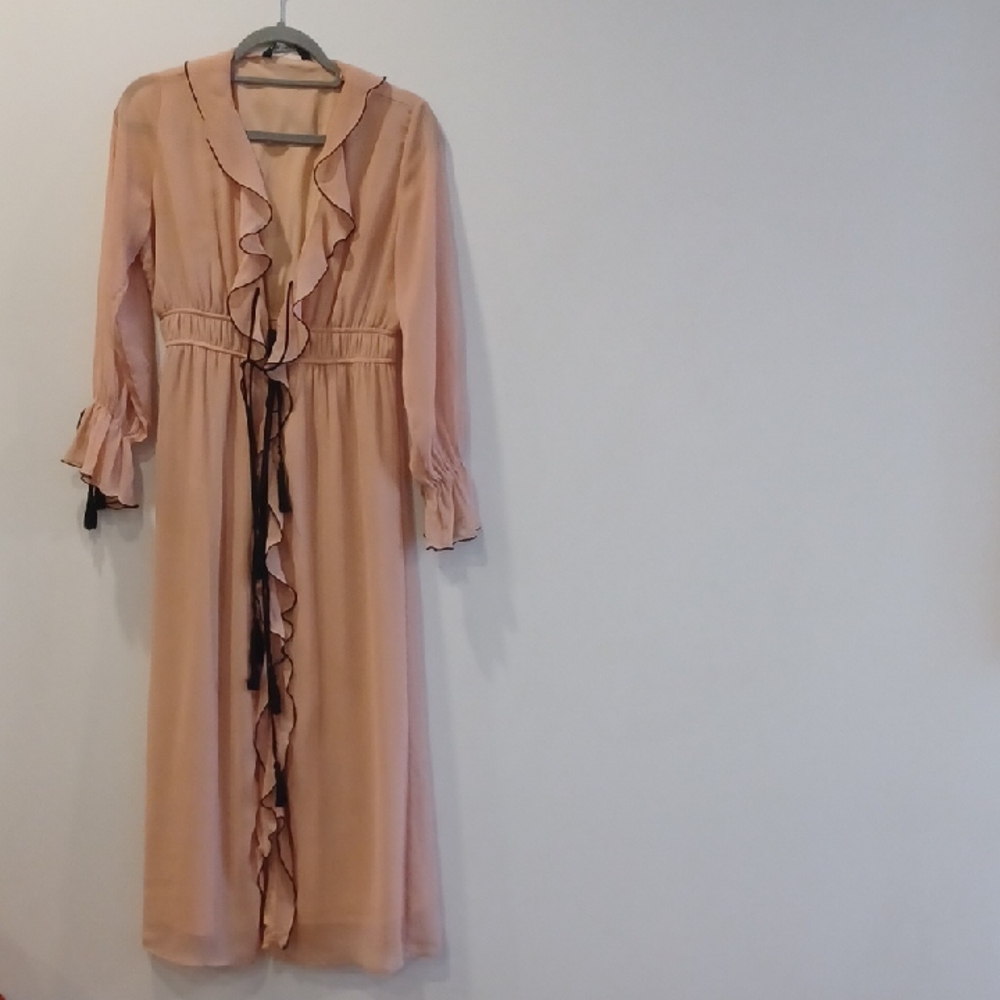 Zara Blush Pink Long-Sleeve Ruffle-Trim Maxi Dress